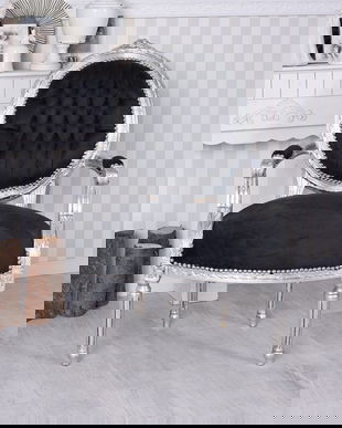 Semifotoliu medalion din lemn masiv argintiu cu tapiterie neagra