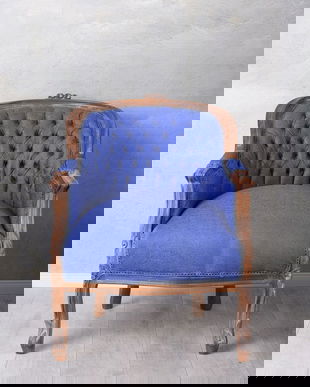 Fotoliu din lemn masiv mahon cu tapiterie albastra