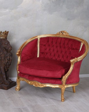 Sofa deosebita din lemn masiv auriu cu tapiterie rosie