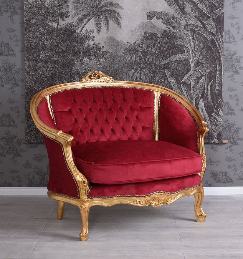 Sofa deosebita din lemn masiv auriu cu tapiterie rosie