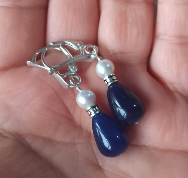 Cercei agate albastre si perle, cu accesorii de argint 925