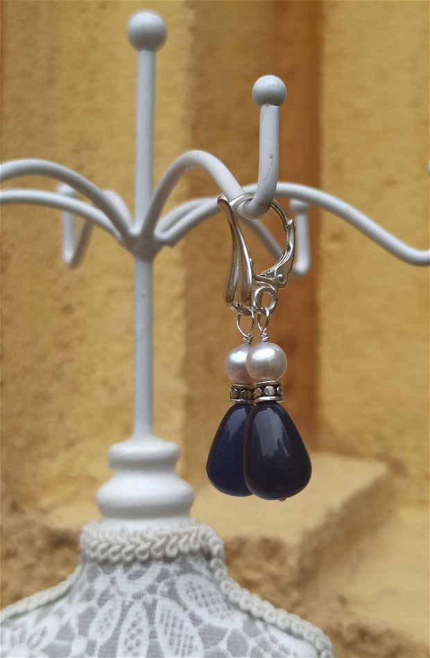 Cercei agate albastre si perle, cu accesorii de argint 925