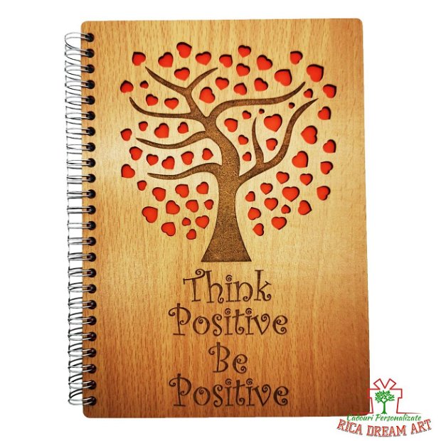 Agenda de lemn gravata cu mesaj "Be positive", Stejar
