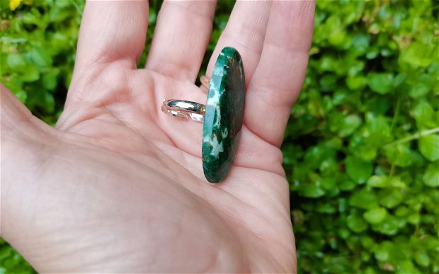 Inel Crisocola ovala si Argint 925 - IN947 - Inel verde alb, inel supradimensionat, inel pietre semipretioase, inel reglabil, inel piatra mare, inel cadou, inel statement, cristale de colectie, cristale vindecatoare