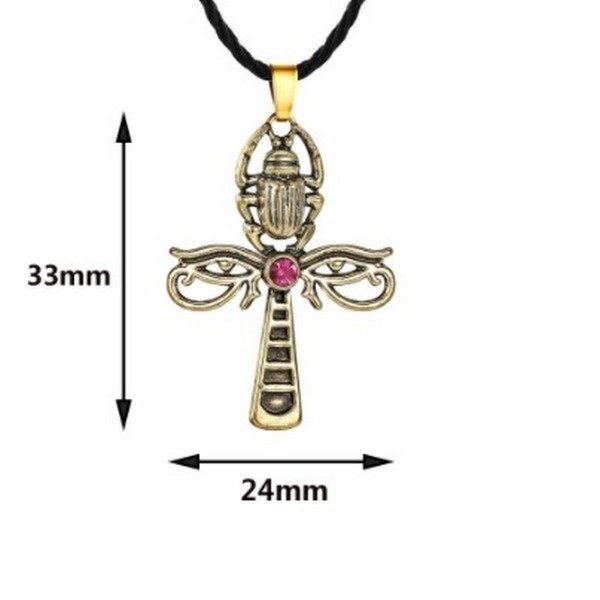 K1190 - Pandantiv cruce egipteana, scarabeu, ochiul lui Horus, aiaj metalic aspect auriu antichizat, 33x24mm, snur textil 45+5cm