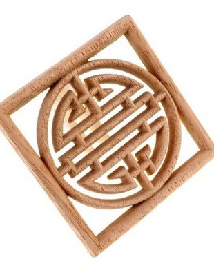 K1022 - (1buc) Blanc, decoratiune din lemn de cauciuc sculptat, natur, nelacuit nevopsit, simbol chinezesc SHOU, longevitate, patrat, 20x20cm