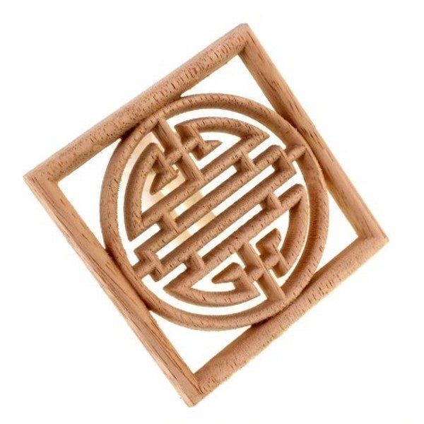K1022 - (1buc) Blanc, decoratiune din lemn de cauciuc sculptat, natur, nelacuit nevopsit, simbol chinezesc SHOU, longevitate, patrat, 20x20cm