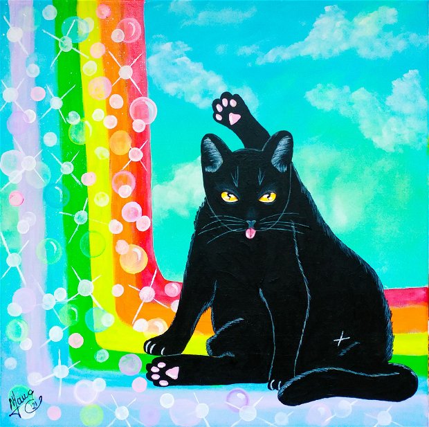 Tablou / pictura pe panza 40x40 cm pisica "La capatul curcubeului"