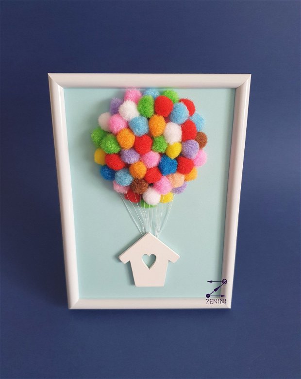 Tablou baloane colorate, decoratiune baloane, tablou baloane aer cald, tablou cu casuta, decoratiune casuta lemn
