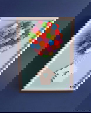 Tablou baloane colorate, decoratiune baloane, tablou baloane aer cald, tablou cu casuta, decoratiune casuta lemn