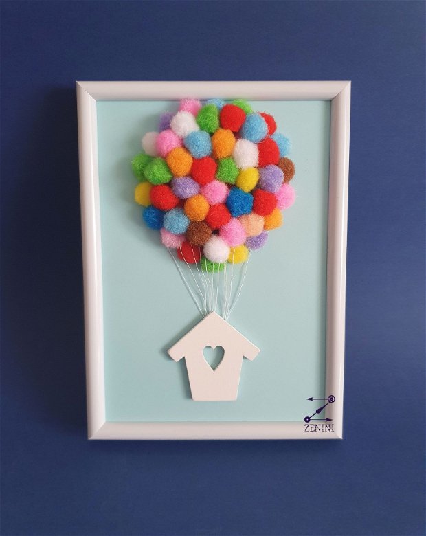 Tablou baloane colorate, decoratiune baloane, tablou baloane aer cald, tablou cu casuta, decoratiune casuta lemn