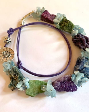 LAVENDER FIELD-agate druzy,acvamarin,piele naturala,argint tibetan