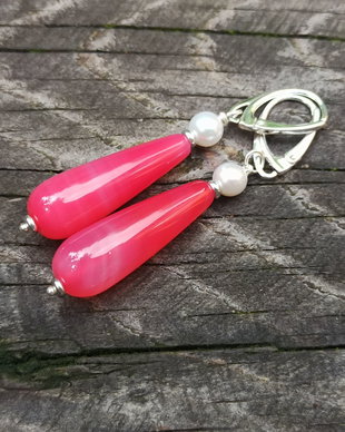 Cercei agate roz si perle, cu accesorii de argint