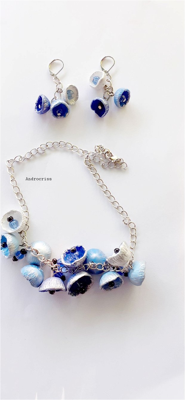Flori albastre, set bijuterii din lut polimeric