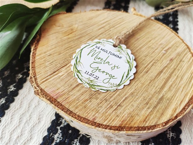 Etichete marturii nunta, cu frunze, etichete multumire mărturii, verde, carton gros, perforate, nunta rustica, etichete marturii frunza
