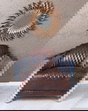 Fotoliu industrial din lemn masiv cu tapiterie din piele maro