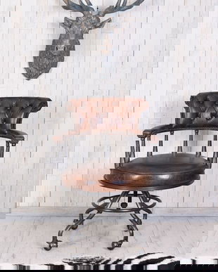 Scaun Chesterfield din lemn mahon cu tapiterie maro