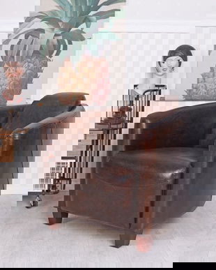 Fotoliu industrial din lemn masiv cu piele maro groasa