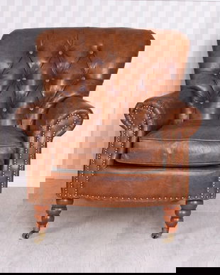 Fotoliu Chesterfield din lemn mahon cu tapiterie maro