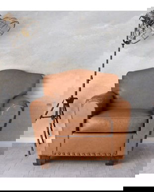 Fotoliu Chesterfield din lemn mahon cu tapiterie maro deschis