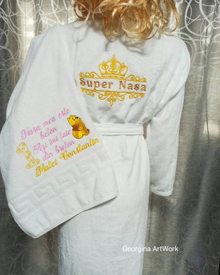 Set Halat de baie +prosop din bumbac personalizat prin broderie