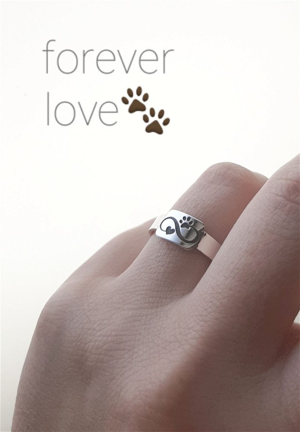 Inel argint cu simbol inimă-infinit-lăbuță/animal lover/forever love