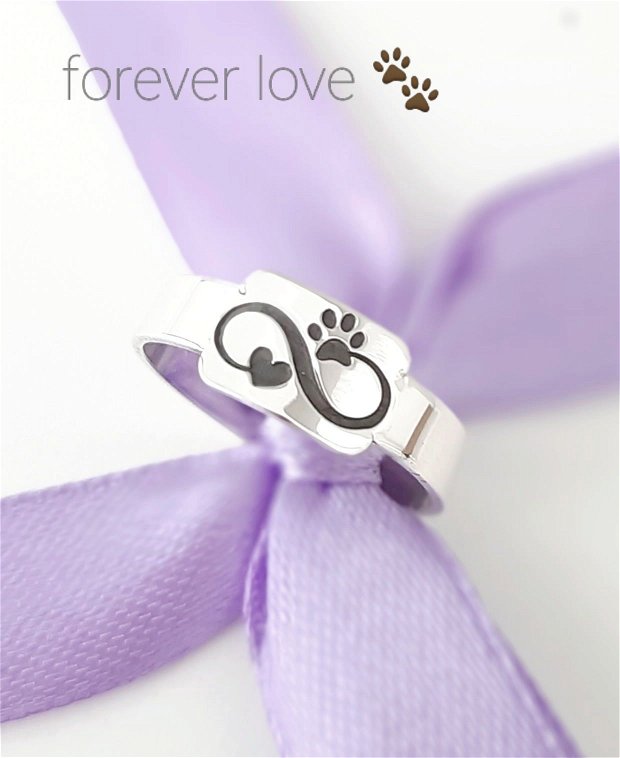 Inel argint cu simbol inimă-infinit-lăbuță/animal lover/forever love