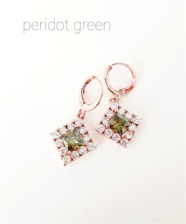 Cercei placați cu aur roz și Cubic Zirconia verde peridot/clear