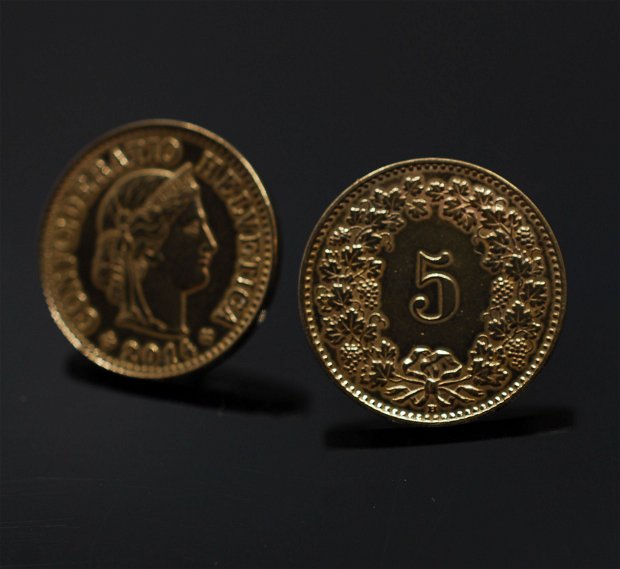 Cercei  din alama cu tija din argint, din monede alama franceza si elvetiana, din colectia Reversul monedei