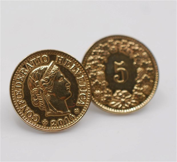 Cercei  din alama cu tija din argint, din monede alama franceza si elvetiana, din colectia Reversul monedei