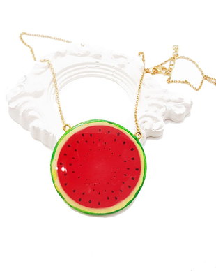 Colier "Red Melon" din rasina, inox auriu si Fimo