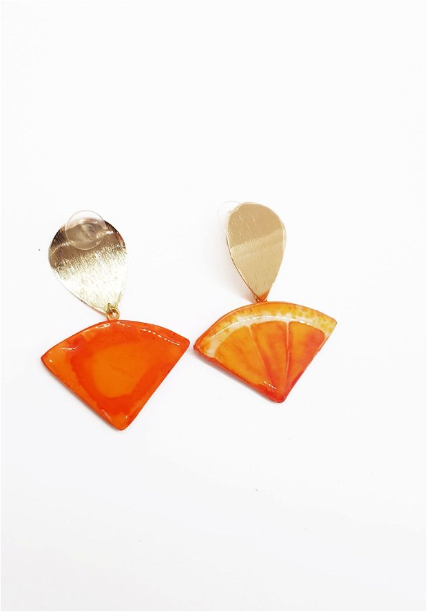 Cercei "Fancy orange" din rasina, lut polimeric si aliaj metalic placat cu aur