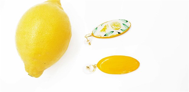 Cercei "Lemons & Leaves" din rasina, inox auriu si lut polimeric