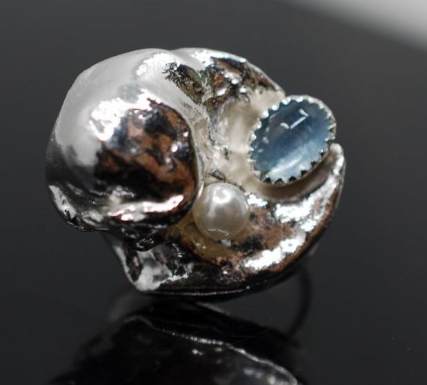 NAUTILLUS Inel argint 925&999 cu aquamarin faţetat si perlă de cultură