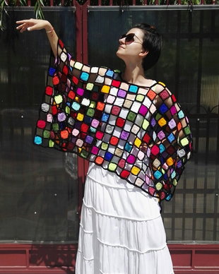 Poncho Mozaic crosetat, multicolor, handmade