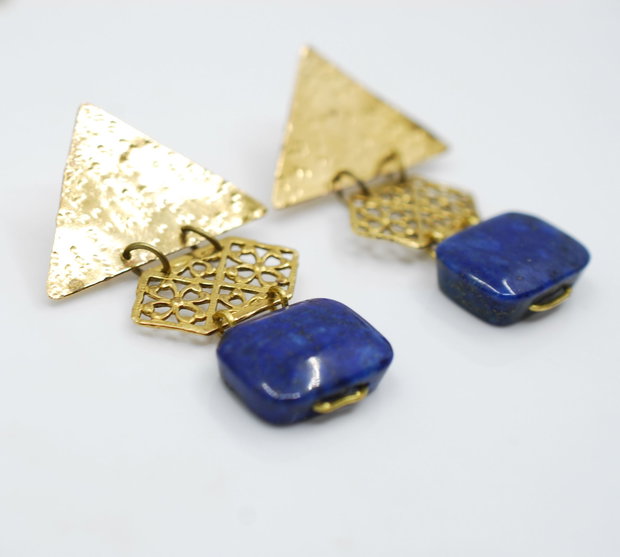 Cercei din alama, lapis lazuli, cu tortita din argint 925