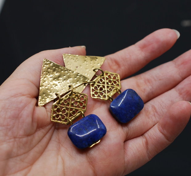 Cercei din alama, lapis lazuli, cu tortita din argint 925