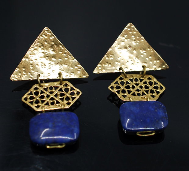 Cercei din alama, lapis lazuli, cu tortita din argint 925