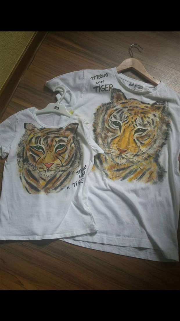 Set tricouri tata-fiu pictate manual cu tigri