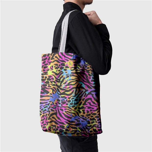 Geanta Handmade Tote Basic, Mulewear, Animal Print Zebra Stilizata, Multicolor, 43x37 cm