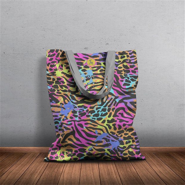 Geanta Handmade Tote Basic, Mulewear, Animal Print Zebra Stilizata, Multicolor, 43x37 cm
