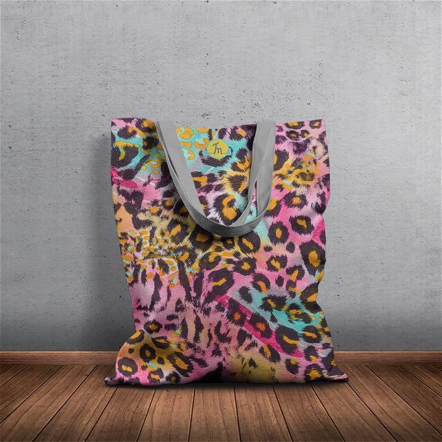 Geanta Handmade Tote Basic, Mulewear, Animal Print Leopard Multicolor, Multicolor, 43x37 cm