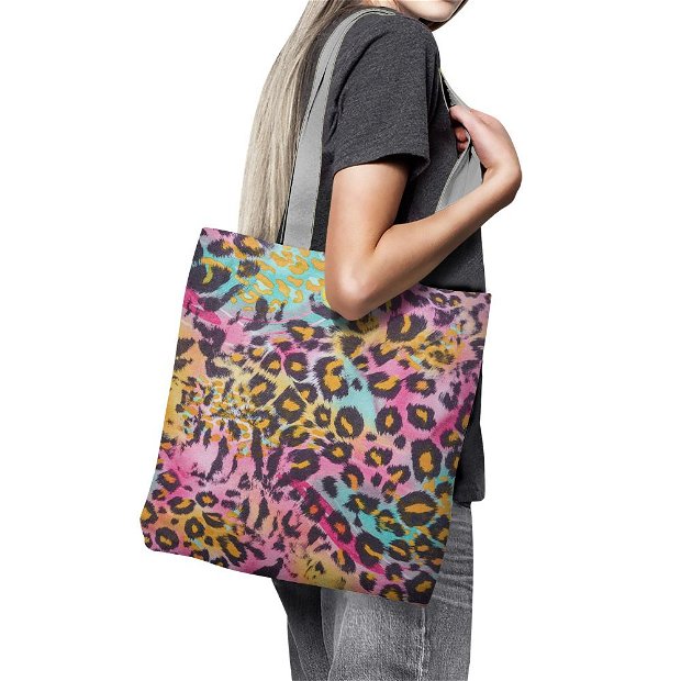 Geanta Handmade Tote Basic, Mulewear, Animal Print Leopard Multicolor, Multicolor, 43x37 cm