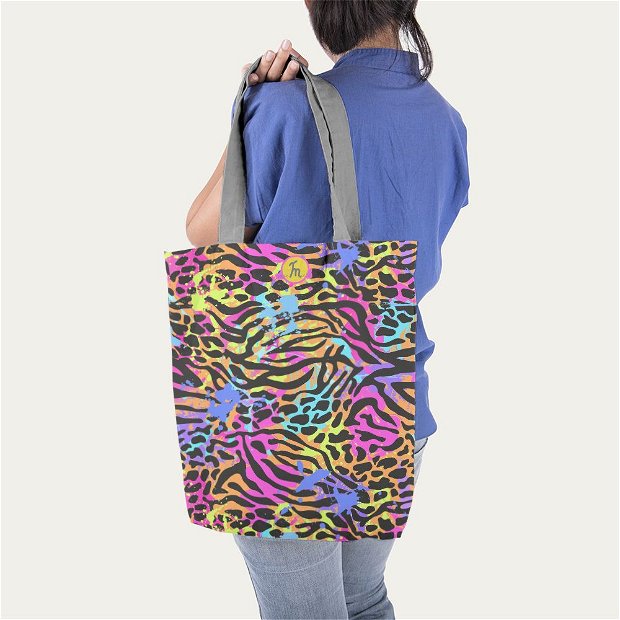 Geanta Handmade Tote Liner Captusit, Mulewear, Animal Print Zebra Stilizata, Multicolor, 45x37 cm