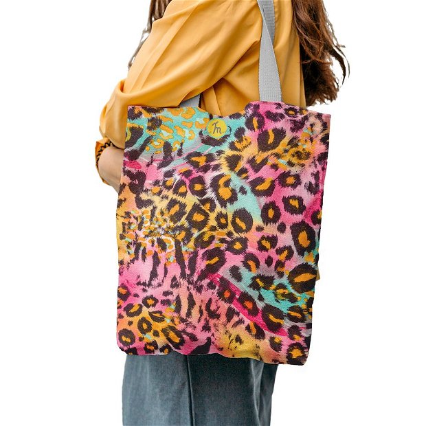 Geanta Handmade Tote Liner Captusit, Mulewear, Animal Print Leopard Multicolor, Multicolor, 45x37 cm