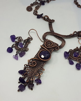 Set din cupru , set cu ametist , bijuterii handmade.