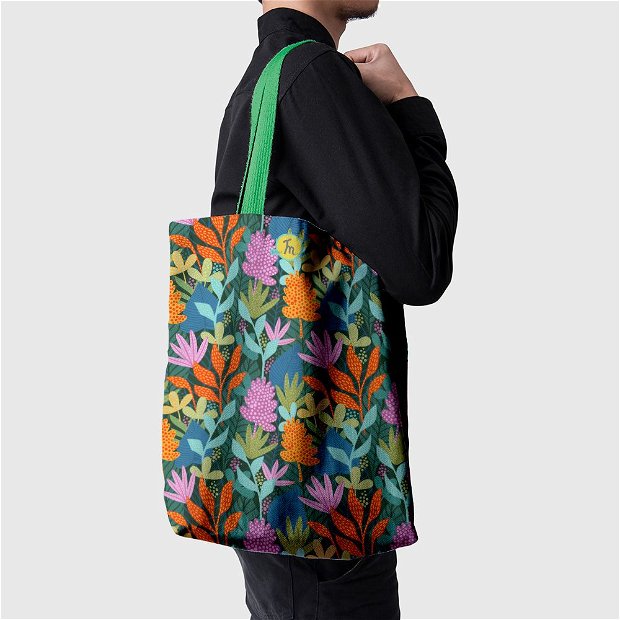 Geanta Handmade Tote Basic, Mulewear, Botanic Plante Exotice, Multicolor, 43x37 cm