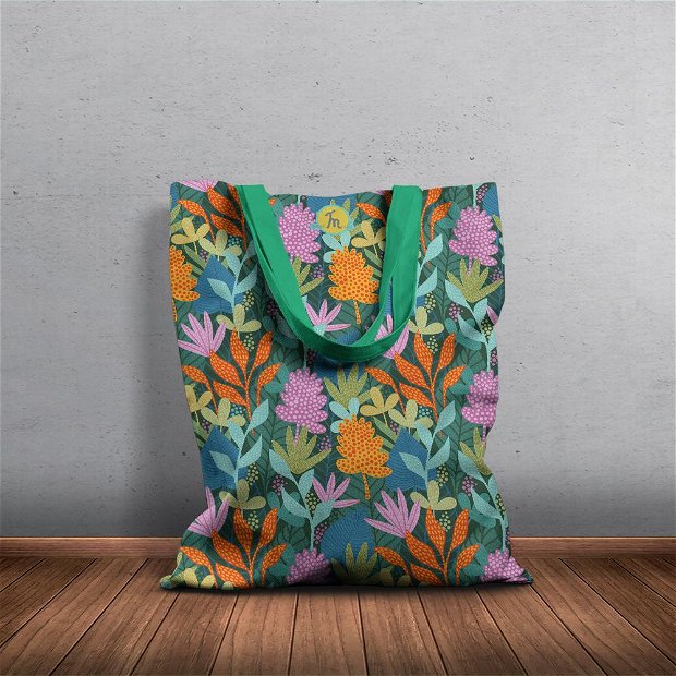 Geanta Handmade Tote Basic, Mulewear, Botanic Plante Exotice, Multicolor, 43x37 cm