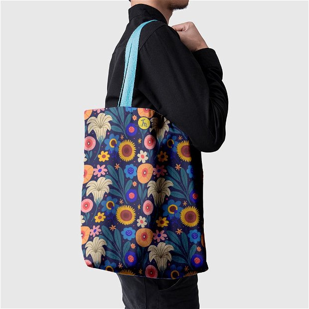 Geanta Handmade Tote Basic, Mulewear, Botanic Camp cu Floarea Soarelui, Multicolor, 43x37 cm