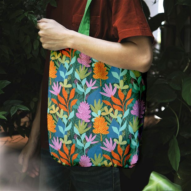 Geanta Handmade Tote Liner Captusit, Mulewear, Botanic Plante Exotice, Multicolor, 45x37 cm